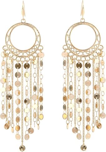 Bohemian Boho Tassel Dangle Drop Earrings for Women – Lightweight Filigree Gypsy Coin Chandelier Disc Charm Hoops – included Gift Box in Saudi Arabia
