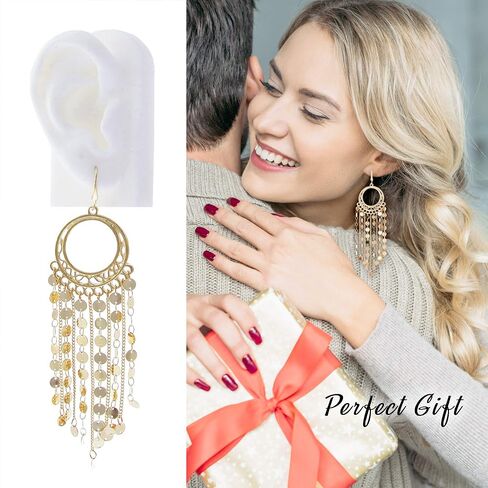 Bohemian Boho Tassel Dangle Drop Earrings for Women – Lightweight Filigree Gypsy Coin Chandelier Disc Charm Hoops – included Gift Box in Saudi Arabia