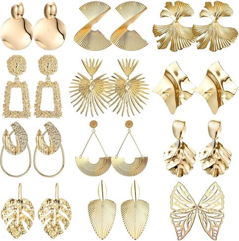 SAILIMUE 12/13 زوجًا من الأقراط الذهبية للنساء العصرية قطرة الذهب المتدلية الأقراط الهندسية الكبيرة المقطعة الملتوية بيان أقراط مبالغ فيها مجموعة مجوهرات in Kuwait