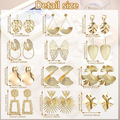 SAILIMUE 12/13 زوجًا من الأقراط الذهبية للنساء العصرية قطرة الذهب المتدلية الأقراط الهندسية الكبيرة المقطعة الملتوية بيان أقراط مبالغ فيها مجموعة مجوهرات in Kuwait