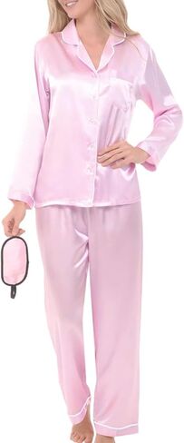 Alexander Del Rossa Women's Satin Pajamas Lounge Set, Long Sleeve Top, Pants with Pockets, Silk PJs with Matching Sleep Mask in Kuwait