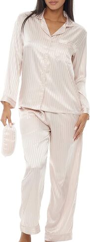 Alexander Del Rossa Women's Satin Pajamas Lounge Set, Long Sleeve Top, Pants with Pockets, Silk PJs with Matching Sleep Mask in Saudi Arabia
