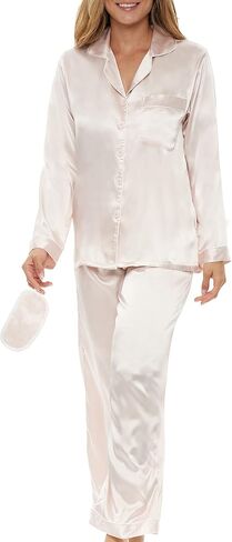 Alexander Del Rossa Women's Satin Pajamas Lounge Set, Long Sleeve Top, Pants with Pockets, Silk PJs with Matching Sleep Mask in Saudi Arabia