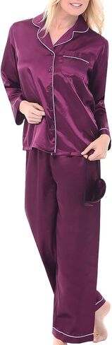 Alexander Del Rossa Women's Satin Pajamas Lounge Set, Long Sleeve Top, Pants with Pockets, Silk PJs with Matching Sleep Mask in Saudi Arabia