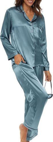 Alexander Del Rossa Women's Satin Pajamas Lounge Set, Long Sleeve Top, Pants with Pockets, Silk PJs with Matching Sleep Mask in Saudi Arabia