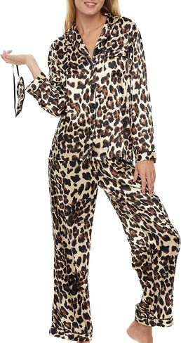 Alexander Del Rossa Women's Satin Pajamas Lounge Set, Long Sleeve Top, Pants with Pockets, Silk PJs with Matching Sleep Mask in Saudi Arabia