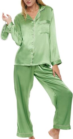 Alexander Del Rossa Women's Satin Pajamas Lounge Set, Long Sleeve Top, Pants with Pockets, Silk PJs with Matching Sleep Mask in Saudi Arabia