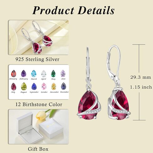 Rocayi Birthstone Dangle Drop Earrings for Women 925 Sterling Silver Teardrop Leverback Earrings Christmas Birthday Mother's Day Jewelry Gifts for Wife Girlfriend Mother Daughter Her in Kuwait