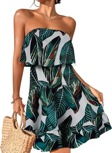 Women Beach Sun Dresses Tropical Summer Casual Ruffle Hem Strapless Tube Dress in Saudi Arabia