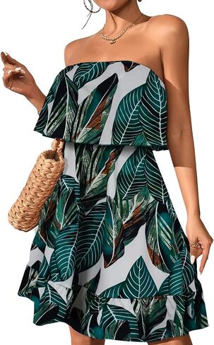 Women Beach Sun Dresses Tropical Summer Casual Ruffle Hem Strapless Tube Dress in Saudi Arabia