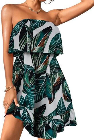 Women Beach Sun Dresses Tropical Summer Casual Ruffle Hem Strapless Tube Dress in Saudi Arabia