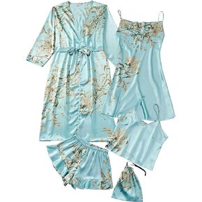 Rooscier Women's 4pcs Sleepwear Satin Floral Cami with Shorts Cowl Neck Dress Pj Set with Robe
