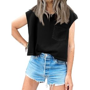 Tankaneo Womens Crop Tank Top Cap Sleeve Summer Tops Loose Casual Basic Crewneck Shirts with Pockets