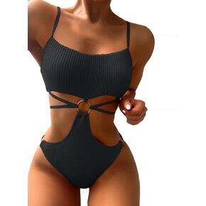 FlatterMe Ring Linked Cut-Out One Piece Swimsuit Scoop Neck Lace Up Back Monokini Bathing Suit