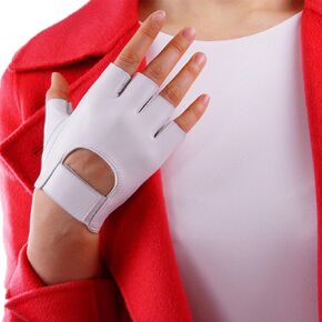 Real Leather Fingerless Short Gloves White Lambskin Genuine Sheep Half Finger