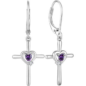 JIWOY Cross Dangle Drop Earrings 925 Sterling Silver Opal Crucifix Earrings Religious Heart Birthstone Leverback Jewelry