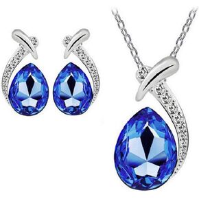 هارلوركي مجموعة قلادة واقراط من حجر الراين الكريستالي على شكل دمعة - مجوهرات لامعة مع احجار زرقاء ملكية، مثالية للازياء التنكرية والازياء - هدية رائعة للنساء والفتيات، مقاس S، من الستانلس ستيل in Kuwait