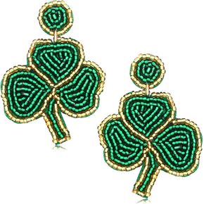 St Patricks Day Earrings Dangling Beaded Green Shamrock Earrings Handmade Lucky Clover Beer Glass Leprechaun Teardrop Drop Dangle Earrings Funny Irish Holiday Jewelry Gift for Women Girls in Kuwait