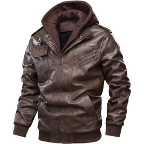 LOUECHY Men's Faux Leather Jacket Stand Collar Zip-Up Motorcycle Jacket with Removable Hood