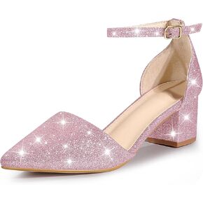 Perphy Glitter Pointed Toe Pumps Ankle Strap Buckle Chunky Block Heel Dress Pumps for Women in Saudi Arabia