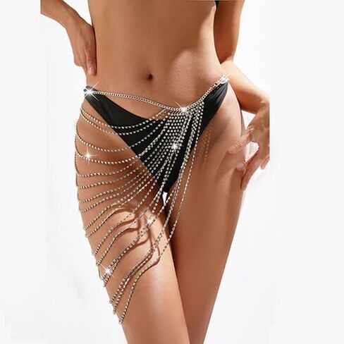 Women silver rhinestone waist chain beach layered body chain fashion beach party waist jewelry in Kuwait
