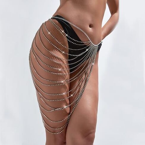 Women silver rhinestone waist chain beach layered body chain fashion beach party waist jewelry in Kuwait