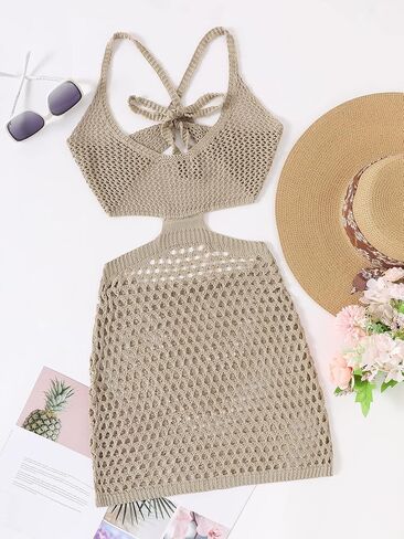 COZYEASE Women's Crochet Cover Up Dress Cut Out Tie Backless Knitted Halter Swimsuit in Saudi Arabia