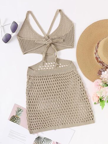 COZYEASE Women's Crochet Cover Up Dress Cut Out Tie Backless Knitted Halter Swimsuit in Saudi Arabia