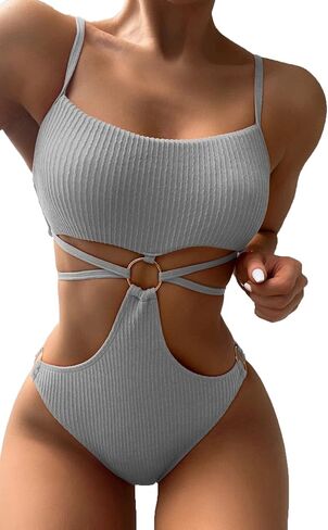 بدلة سباحة مونوكيني من قطعة واحدة ذات حلقة متصلة بحلقة من FlatterMe ورقبة واسعة وأربطة من الخلف in Kuwait