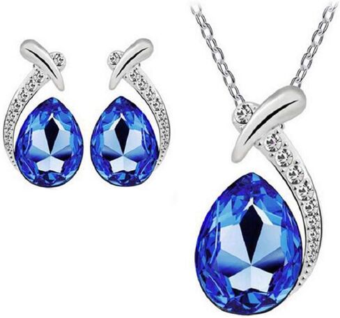هارلوركي مجموعة قلادة واقراط من حجر الراين الكريستالي على شكل دمعة - مجوهرات لامعة مع احجار زرقاء ملكية، مثالية للازياء التنكرية والازياء - هدية رائعة للنساء والفتيات، مقاس S، من الستانلس ستيل in Kuwait