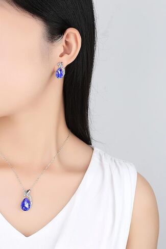 هارلوركي مجموعة قلادة واقراط من حجر الراين الكريستالي على شكل دمعة - مجوهرات لامعة مع احجار زرقاء ملكية، مثالية للازياء التنكرية والازياء - هدية رائعة للنساء والفتيات، مقاس S، من الستانلس ستيل in Kuwait