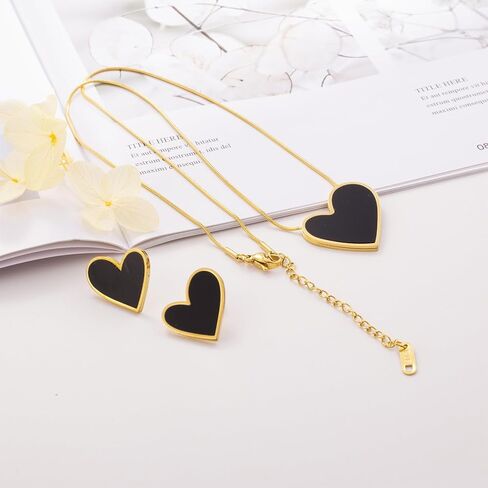 HAISWET Stainless Steel Heart-shaped Stud Earrings Pendant Necklace Jewelry Set for Women Girls, Medium, Stainless Steel Enamel, No Gemstone in Kuwait