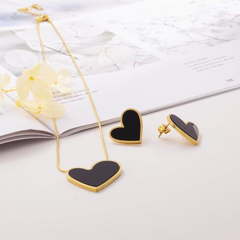 HAISWET Stainless Steel Heart-shaped Stud Earrings Pendant Necklace Jewelry Set for Women Girls, Medium, Stainless Steel Enamel, No Gemstone in Kuwait