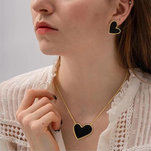 HAISWET Stainless Steel Heart-shaped Stud Earrings Pendant Necklace Jewelry Set for Women Girls, Medium, Stainless Steel Enamel, No Gemstone in Kuwait