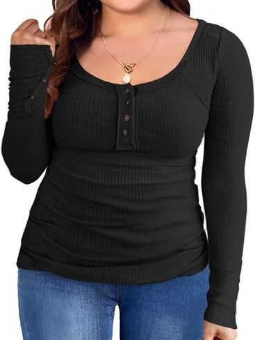 Women's Plus Size Henley T Shirts Long Sleeve Button Down Tunic Blouse Loose Fit Tops Scoop Neck Ribbed Knit Shirts in Saudi Arabia