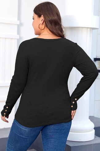 Women's Plus Size Henley T Shirts Long Sleeve Button Down Tunic Blouse Loose Fit Tops Scoop Neck Ribbed Knit Shirts in Saudi Arabia