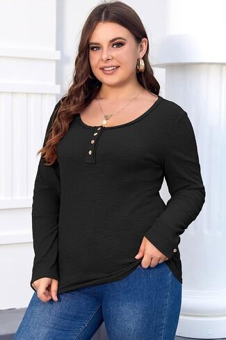 Women's Plus Size Henley T Shirts Long Sleeve Button Down Tunic Blouse Loose Fit Tops Scoop Neck Ribbed Knit Shirts in Saudi Arabia
