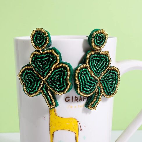 St Patricks Day Earrings Dangling Beaded Green Shamrock Earrings Handmade Lucky Clover Beer Glass Leprechaun Teardrop Drop Dangle Earrings Funny Irish Holiday Jewelry Gift for Women Girls in Kuwait