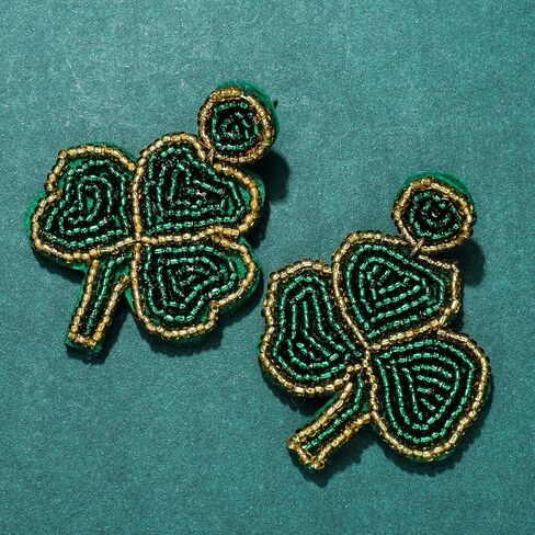 St Patricks Day Earrings Dangling Beaded Green Shamrock Earrings Handmade Lucky Clover Beer Glass Leprechaun Teardrop Drop Dangle Earrings Funny Irish Holiday Jewelry Gift for Women Girls in Kuwait