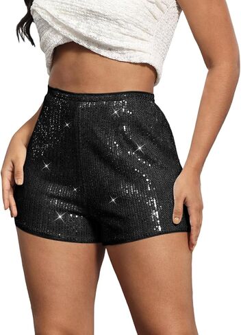 Women's Sequin Shorts Elastic High Waist Straight Leg A Line Hot Pants Sparkly Glitter Rave Party Night-Out Clubwear in Kuwait