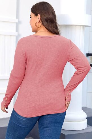 Women's Plus Size Henley T Shirts Long Sleeve Button Down Tunic Blouse Loose Fit Tops Scoop Neck Ribbed Knit Shirts in Saudi Arabia