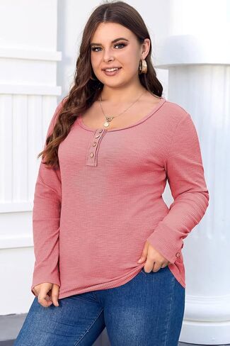 Women's Plus Size Henley T Shirts Long Sleeve Button Down Tunic Blouse Loose Fit Tops Scoop Neck Ribbed Knit Shirts in Saudi Arabia