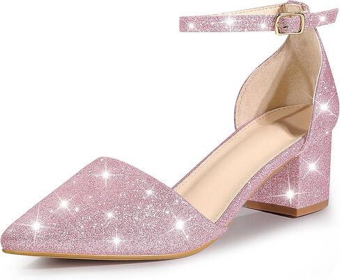 Perphy Glitter Pointed Toe Pumps Ankle Strap Buckle Chunky Block Heel Dress Pumps for Women in Saudi Arabia