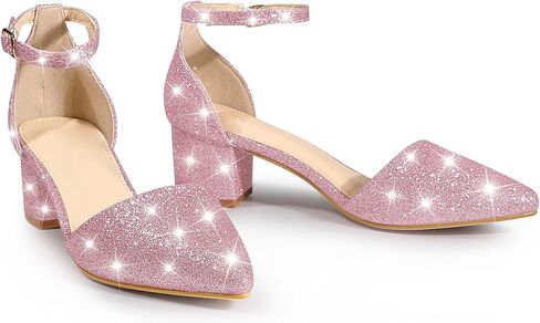Perphy Glitter Pointed Toe Pumps Ankle Strap Buckle Chunky Block Heel Dress Pumps for Women in Saudi Arabia
