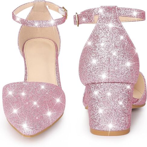 Perphy Glitter Pointed Toe Pumps Ankle Strap Buckle Chunky Block Heel Dress Pumps for Women in Saudi Arabia