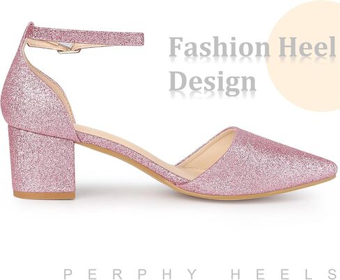 Perphy Glitter Pointed Toe Pumps Ankle Strap Buckle Chunky Block Heel Dress Pumps for Women in Saudi Arabia