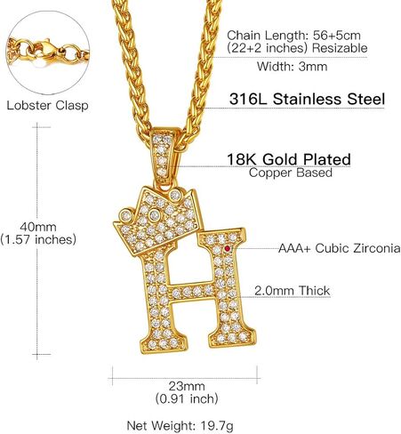 Suplight Crown Initial Letter Necklace, 18K Gold Plated Cubic Zirconia CZ Pave Monogram Pendant with 22" Chain (2" Adjustable), Bling Alphabet Jewelry Name A-Z in Kuwait