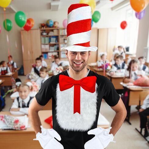 Luvfamday 5 Pcs Red Top Hat Red Bow Tie White Furry Patch White Gloves Cat Cosplay Costume Accessories Kit Party Favors Women Men in Kuwait