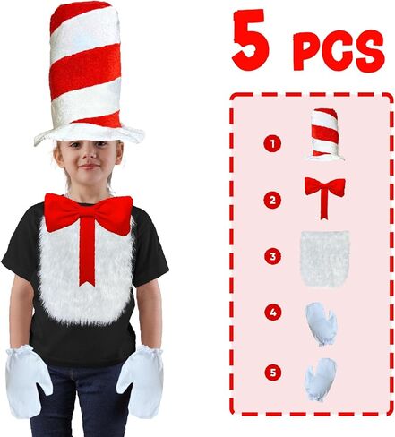 Luvfamday 5 Pcs Red Top Hat Red Bow Tie White Furry Patch White Gloves Cat Cosplay Costume Accessories Kit Party Favors Women Men in Kuwait