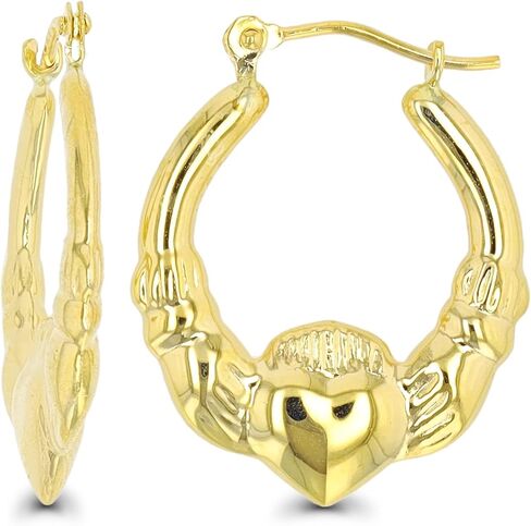 14K Yellow Gold Polished Claddagh Hoop Earrings with Hinged Clasp | Claddagh, Claddagh with Crown and Multimuple Claddagh | Heart Earrings | Solid Gold Earrings For Women and Girls in Saudi Arabia